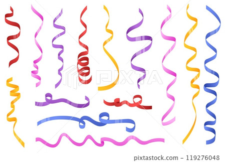 Curled serpentine ribbons. Different shape and colors. Festive decorations. Holiday accessories. Confetti spirals. Anniversary strings. Carnival tinsel. Birthday party elements vector set Curled serpentine ribbons. Different shape and colors. Festive decorations. Holiday accessories. Confetti spirals. Anniversary strings. Carnival tinsel. Birthday party elements vector set 119276048