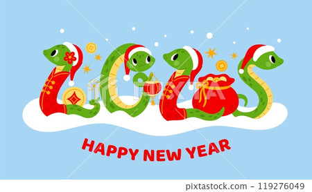 Cute snake poster. 2025 New Year. Chinese zodiac cartoon characters. Serpent number shapes. Funny animal horoscope symbol. Reptile with Christmas hat. Holiday card. Garish vector concept Cute snake poster. 2025 New Year. Chinese zodiac cartoon characters. Serpent number shapes. Funny animal horoscope symbol. Reptile with Christmas hat. Holiday card. Garish vector concept 119276049