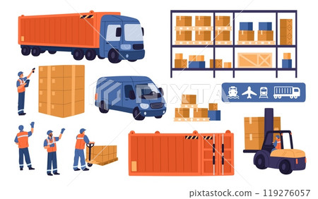 Logistics and delivery service. Loading equipment. Freight transportation. Warehouse workers in uniforms. Trucks and forklifts. Containers loaders. Storehouse rack. Garish vector set 119276057