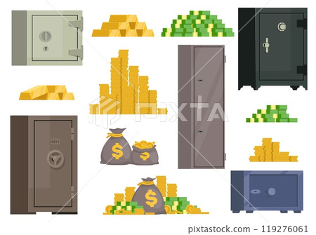 Money and bank safes. Finance savings. Coins stacks. Precious bars. Banknotes bundles. Metal boxes for storing valuables. Combination locks. Economy prosperity. Vector financial set Money and bank safes. Finance savings. Coins stacks. Precious bars. Banknotes bundles. Metal boxes for storing valuables. Combination locks. Economy prosperity. Vector financial set 119276061