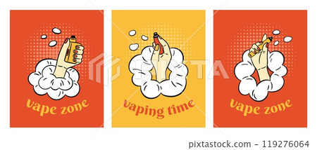 Smoking electronic cigarettes. Vape posters in comics style. Hands holding vaping devices. Tobacco smoking simulation. Arm in smoke cloud. E-cig advertising banners garish vector set 119276064