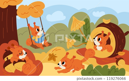 Squirrel in autumn forest. Funny little animals. Fluffy rodent playing in nature. Cartoon characters. Mammal swinging or sleeping at acorns heap. Creature in burrow. Garish vector concept 119276066