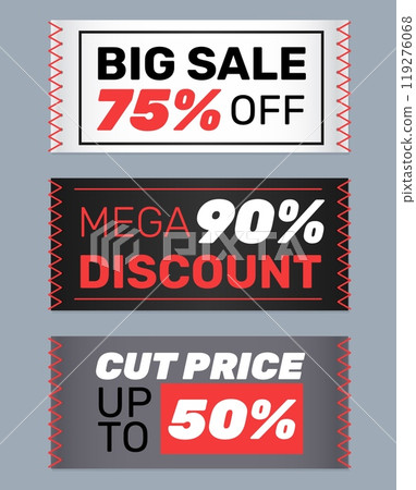 Textile sewn labels. Fabric clothes tags with sale texts. Shopping design elements. Half prices info on patches. Offer promotion. Discount lettering. Vector advertising banners set 119276068