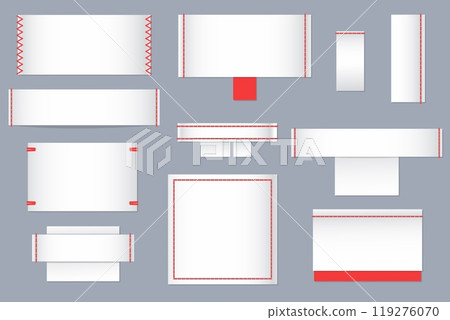 Textile white labels for clothes. Fabric tags templates. Wrong side empty sewn patches for instruction text and logos. Cotton material badges with stitches. Vector clothing ribbons set 119276070