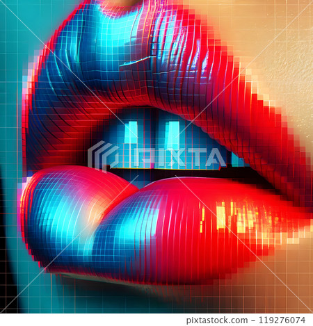 Futuristic Pixelated Lips in Vivid Blue and Red Hues 119276074
