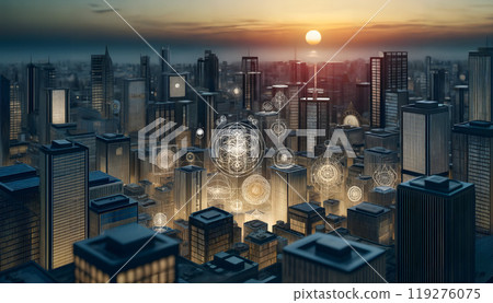 Sunset Cityscape Intertwined with Luminous Sacred Geometry Symbols Overhead 119276075