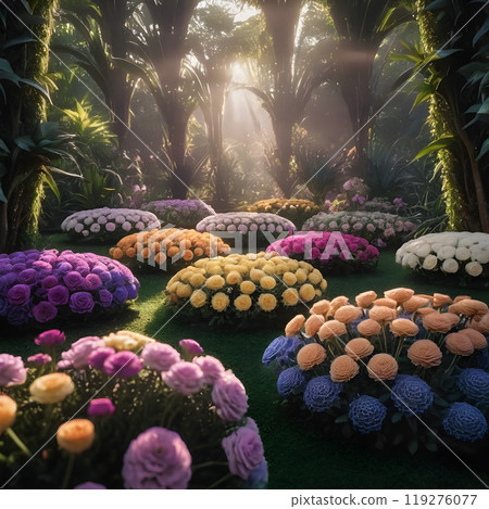Enchanted Garden with Spherical Flowers in a Sunlit Mist 119276077