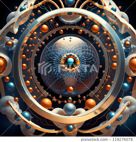 Abstract Futuristic Sphere with Concentric Geometric Rings and Metallic Ornaments 119276078
