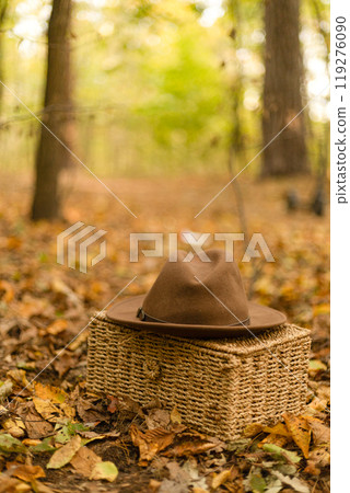 hat and wicker basket in autumn forest 119276090