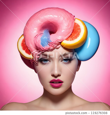 Surreal Citrus Headdress on Woman Against Vibrant Pink Background 119276308