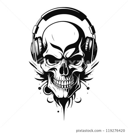 Black and white outline etching on a skull wearing a headphone Black and white outline etching on a skull wearing a headphone 119276420