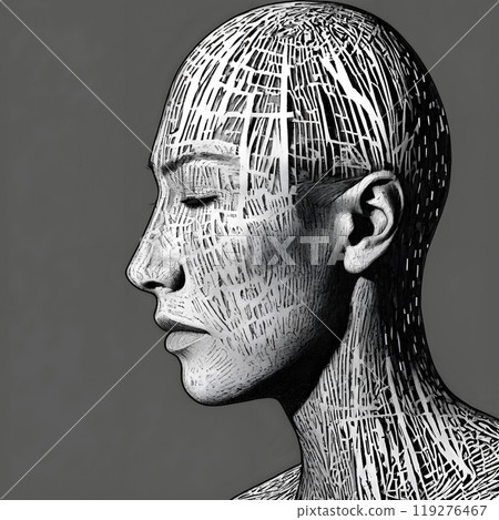 Etched Profile of a Human Head in Intricate Linear Texture Art 119276467
