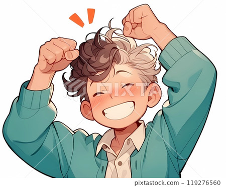 A boy with a big smile happily pumping his fist in the air 119276560