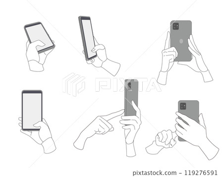 操作垂直智慧型手機相機的手的插圖材料單色類型集 操作垂直智慧型手機相機的手的插圖材料單色類型集 119276591