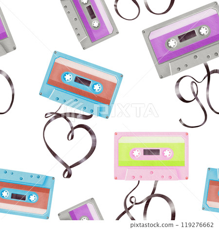 Seamless pattern from cassette for portable 80's,90's style retro player with tapes in shape 80 and a heart.Watercolor illustration realistic style isolated on white for websites,fabric or theme party Seamless pattern from cassette for portable 80's,90's style retro player with tapes in shape 80 and a heart.Watercolor illustration realistic style isolated on white for websites,fabric or theme party 119276662