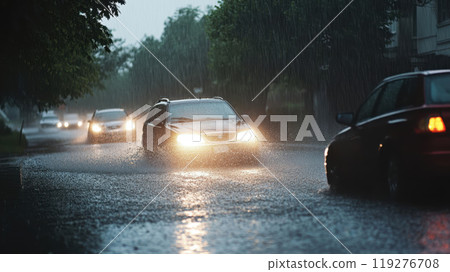 cars driving through heavy rain on a flooded road, with their headlights reflecting on the wet surface, as the rain pours down 119276708