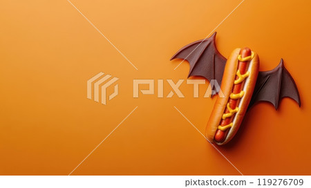 a hot dog with brown bat wings attached, orange background, a whimsical and Halloween-inspired design 119276709