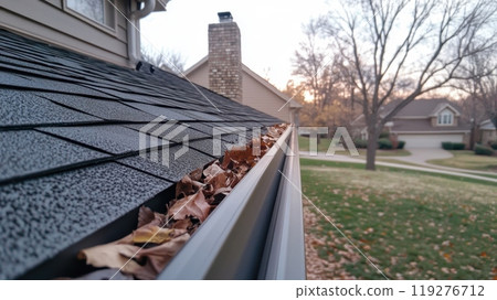 a home's gutter filled with fallen leaves, set against a suburban backdrop during autumn 119276712