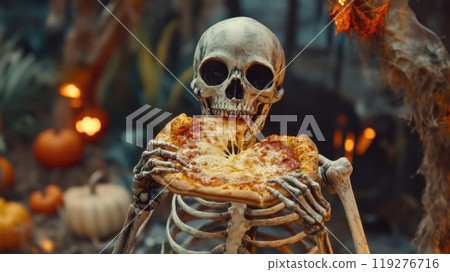skeleton holding and taking a bite from a cheesy pizza slice, Halloween-themed background skeleton holding and taking a bite from a cheesy pizza slice, Halloween-themed background 119276716