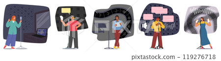 Audio Production Process with Cartoon Characters Use Microphones And Headphones In Various Studio Settings Audio Production Process with Cartoon Characters Use Microphones And Headphones In Various Studio Settings 119276718