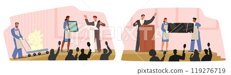 Auction Scenes, Man Pushes A Cart Carrying A Sculpture While A Woman Presents A Painting On Stage Auction Scenes, Man Pushes A Cart Carrying A Sculpture While A Woman Presents A Painting On Stage 119276719