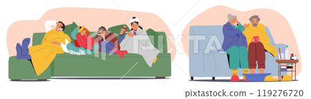 Cartoon Family Of Various Ages Feeling Unwell, Sitting And Lying On Couches. Characters Wrapped In Blankets Cartoon Family Of Various Ages Feeling Unwell, Sitting And Lying On Couches. Characters Wrapped In Blankets 119276720