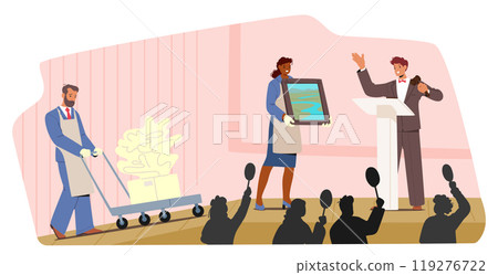Auction Scene Where A Man In An Apron Pushes A Cart With A Modern Sculpture, While A Woman Holds Up A Framed Painting Auction Scene Where A Man In An Apron Pushes A Cart With A Modern Sculpture, While A Woman Holds Up A Framed Painting 119276722