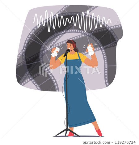 Woman Stands In Front Of Microphone, Wearing Headphones And Creating Sound Effects By Crinkling Paper 119276724