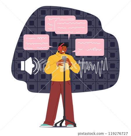 Person Wearing Headphones Holding A Script Stands Before A Microphone, Surrounded By Speech Bubbles And Sound Waves 119276727