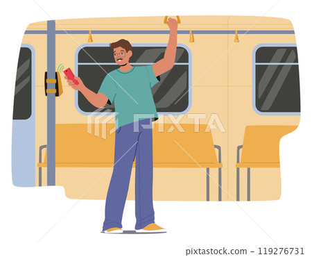 Man Makes A Contactless Payment Using Phone While Standing In Subway Train. He Taps His Phone On The Terminal Inside 119276731