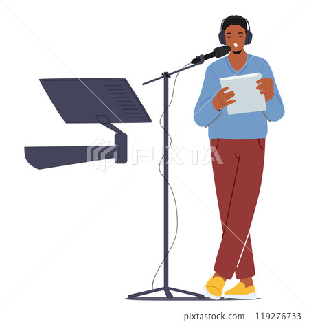 Man Wear Headphones Is Standing In Front Of A Microphone, Reading From A Script. Character Recording Audio Setup Man Wear Headphones Is Standing In Front Of A Microphone, Reading From A Script. Character Recording Audio Setup 119276733