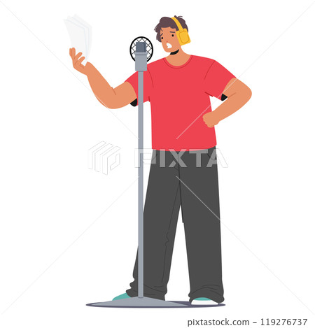 Man Stands In Front Of A Microphone, Wearing Headphones And Holding A Script. He Is Actively Engaged In Voice Acting Man Stands In Front Of A Microphone, Wearing Headphones And Holding A Script. He Is Actively Engaged In Voice Acting 119276737