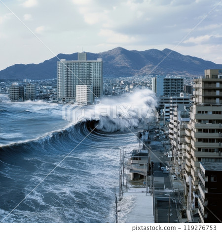 an enormous, towering wave approaching a coastal city, with high-rise buildings near the shore, powerful tsunami 119276753
