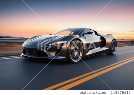 A sports car drives down the highway at sunset 119276811