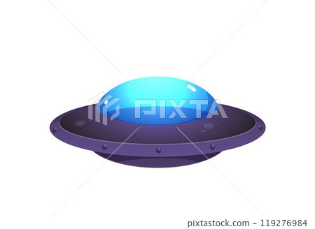 Unidentified flying object UFO, alien spaceship saucer shape, vector cartoon extraterrestrial spacecraft with blue dome Unidentified flying object UFO, alien spaceship saucer shape, vector cartoon extraterrestrial spacecraft with blue dome 119276984