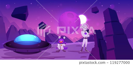 Vector illustration of a planet with a spaceship and aliens standing on a rocky surface Vector illustration of a planet with a spaceship and aliens standing on a rocky surface 119277000