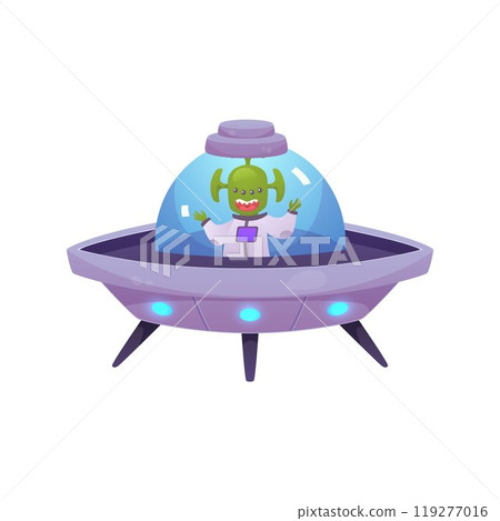 A cartoon-style vector illustration with a UFO space saucer and a cute green alien inside 119277016
