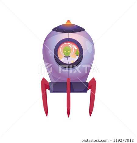 Illustration of a flying alien rocket with a green humanoid in a spacesuit waving from the porthole. 119277018