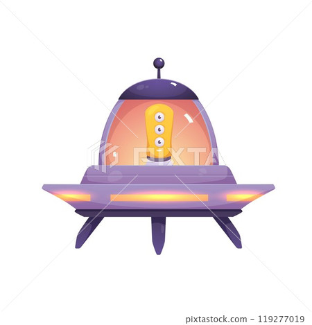 Flying saucer with a cute three-eyed alien inside. 119277019