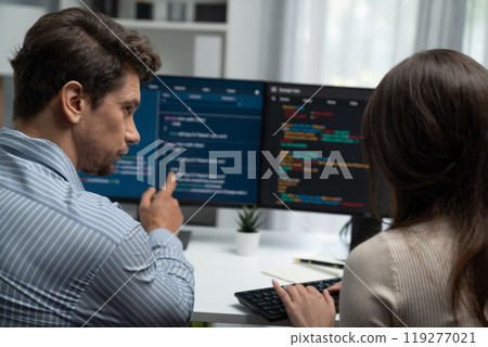 Developers program coding discussing website planning software. Postulate. 119277021