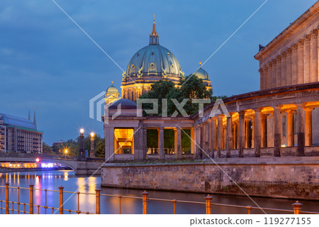Berlin Cathedral and illuminated gallery at dusk, Germany 119277155