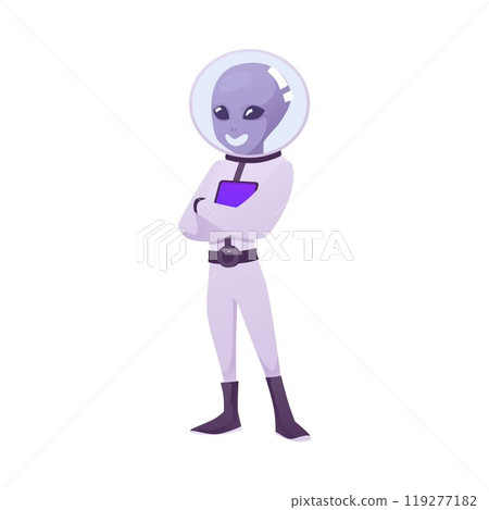 Vector illustration of purple alien character with black eyes, spacesuit and astronaut costume. Vector illustration of purple alien character with black eyes, spacesuit and astronaut costume. 119277182