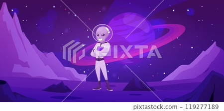 Fantasy space planet landscape with UFO, vector friendly alien character in helmet spacesuit, vector game background Fantasy space planet landscape with UFO, vector friendly alien character in helmet spacesuit, vector game background 119277189