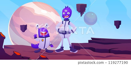 Vector illustration with aliens above the surface of the planet with rocky terrain, levitating platforms Vector illustration with aliens above the surface of the planet with rocky terrain, levitating platforms 119277190