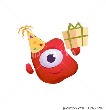Vector monster with one eye in a festive hat and a gift in his hands 119277200