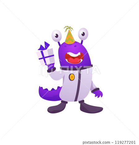 Vector illustration an alien in space suits with a tail and scales holding a gift Vector illustration an alien in space suits with a tail and scales holding a gift 119277201