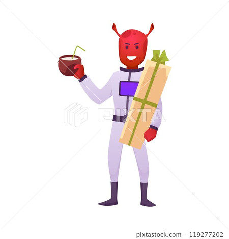 A vector monster with a coconut cocktail and a gift in his hands 119277202