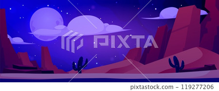 Night desert landscape with sand dunes, mountains, cactus, vector cartoon full moon light under hills view from the road 119277206