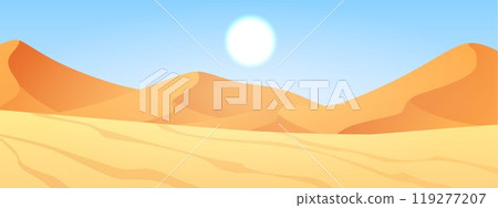 Desert landscape with golden sand dunes, vector, cartoon sunrise under sandy hills, deserted African nature background 119277207