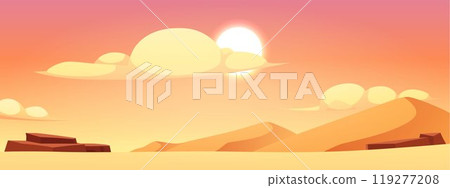 Vector illustration of desert landscape with hills, rocks, sun and yellow clouds. 119277208